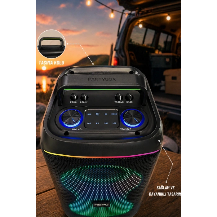 Hepu HP-S60 6000W Işıklı Karaoke Hoparlörü - Kablosuz Mikrofon Setli Parti Hoparlörü