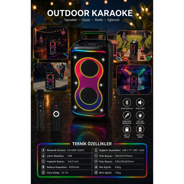 Hepu HP-S60 6000W Işıklı Karaoke Hoparlörü - Kablosuz Mikrofon Setli Parti Hoparlörü