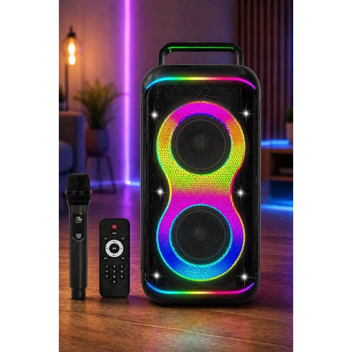 Hepu HP-S60 6000W Işıklı Karaoke Hoparlörü - Kablosuz Mikrofon Setli Parti Hoparlörü