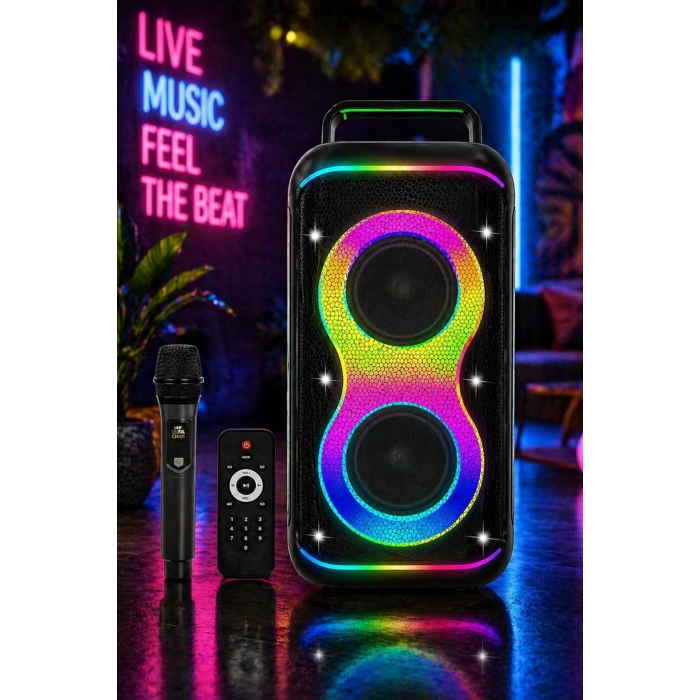Hepu HP-S60 6000W Işıklı Karaoke Hoparlörü - Kablosuz Mikrofon Setli Parti Hoparlörü
