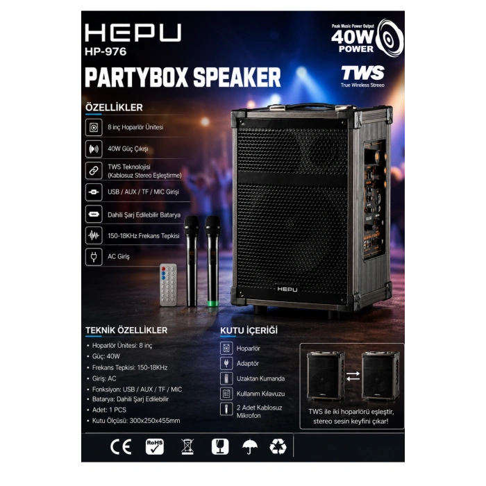 Hepu Hp-976 Partybox Bluetooth Hoparlör 8 Woofer 40W Güç 2 Kablosuz Mikrofon Kumanda
