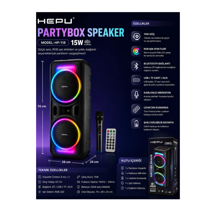 Hepu HP-118 8 İnç Bluetooth Partybox Hoparlör - 15W Işıklı, Mikrofonlu Ses Sistemi