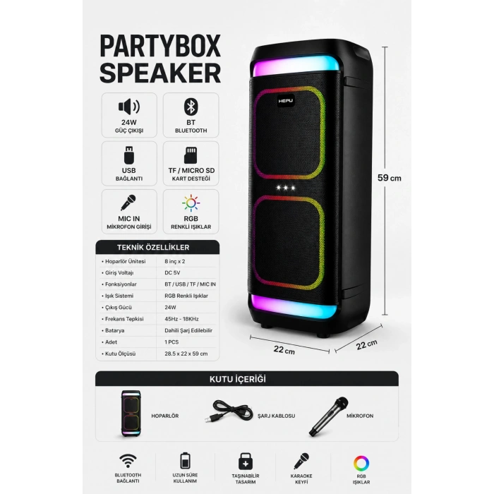 Hepu HP-986 24W Taşınabilir Partybox Hoparlör - Çift 8 Speaker Işıklı, Mikrofonlu, TWS Destekli Ses Sistemi