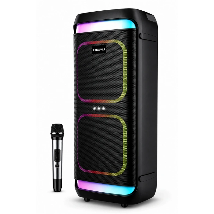 Hepu HP-986 24W Taşınabilir Partybox Hoparlör - Çift 8 Speaker Işıklı, Mikrofonlu, TWS Destekli Ses Sistemi