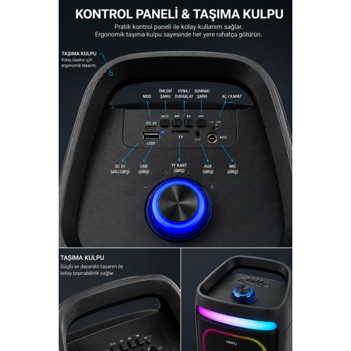 Hepu HP-986 24W Taşınabilir Partybox Hoparlör - Çift 8 Speaker Işıklı, Mikrofonlu, TWS Destekli Ses Sistemi