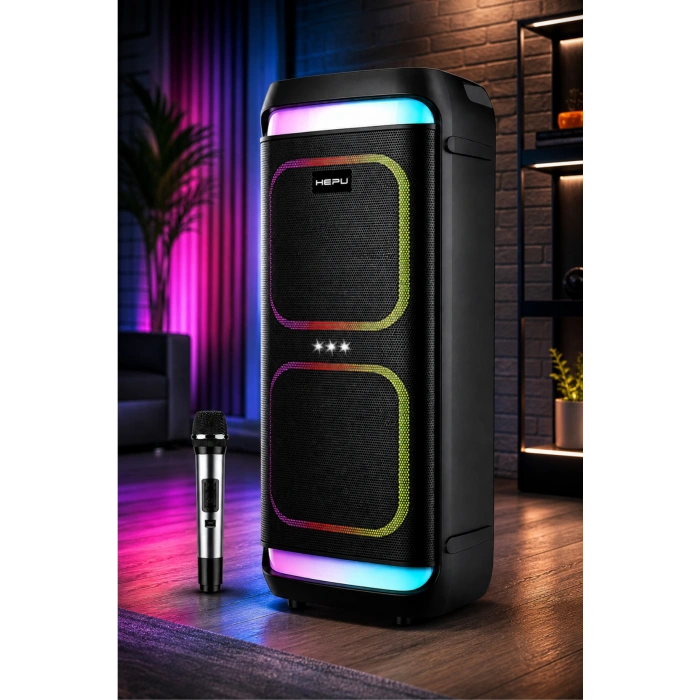 Hepu HP-986 24W Taşınabilir Partybox Hoparlör - Çift 8 Speaker Işıklı, Mikrofonlu, TWS Destekli Ses Sistemi