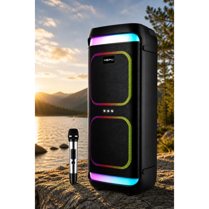 Hepu HP-986 24W Taşınabilir Partybox Hoparlör - Çift 8 Speaker Işıklı, Mikrofonlu, TWS Destekli Ses Sistemi