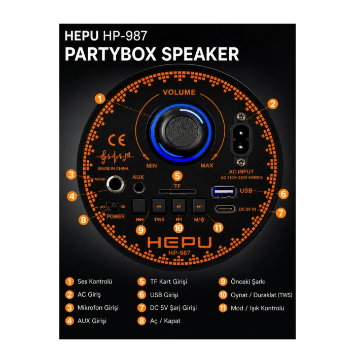 Hepu HP-987 Işıklı Parti Hoparlörü - TWS Bağlantılı & Kablolu Mikrofonlu Taşınabilir Ses Sistemi