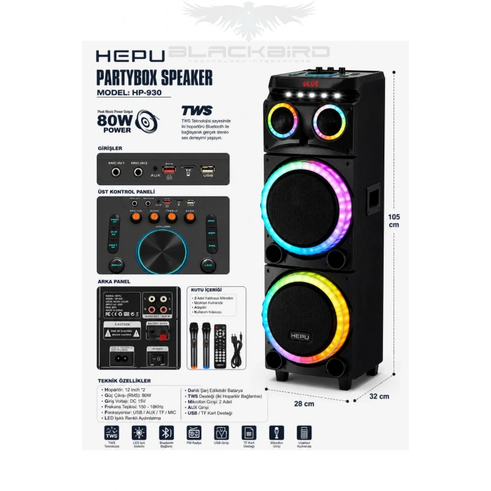 Hepu HP-930 Partybox Bluetooth Hoparlör - 80W Güç, 2x12 Speaker, Mikrofonlu Karaoke Seti