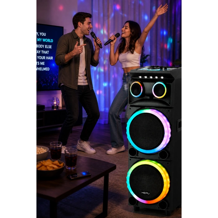 Hepu HP-930 Partybox Bluetooth Hoparlör - 80W Güç, 2x12 Speaker, Mikrofonlu Karaoke Seti