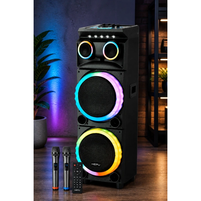 Hepu HP-930 Partybox Bluetooth Hoparlör - 80W Güç, 2x12 Speaker, Mikrofonlu Karaoke Seti