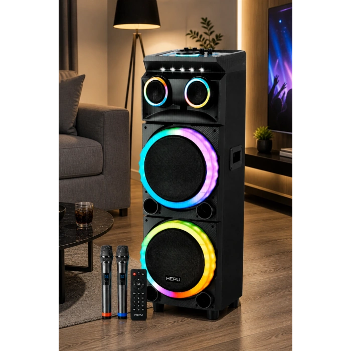 Hepu HP-930 Partybox Bluetooth Hoparlör - 80W Güç, 2x12 Speaker, Mikrofonlu Karaoke Seti