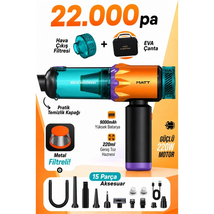 MATT MCV22 Şarjlı Araç Süpürgesi Sarı 22.000Pa Güçlü Vakumlu Type-C Şarjlı 220ML
