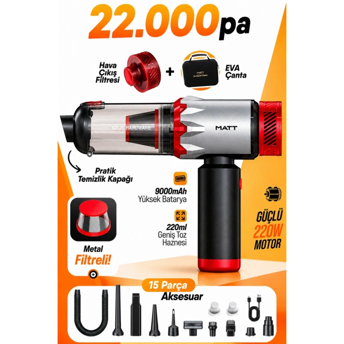 MATT MCV22 Şarjlı Araç Süpürgesi Kırmızı 22.000Pa Güçlü Vakumlu Mini Type-C Şarjlı 220ML
