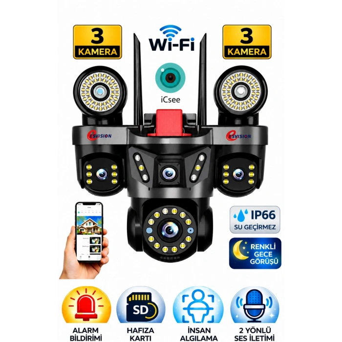 Esvision ES-9003 3 Lensli 9MP Akıllı WiFi Ptz Kamera Gece Görüşlü Güvenlik Kamerası