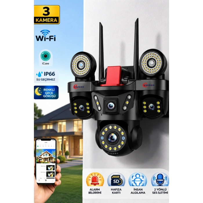 Esvision ES-9003 3 Lensli 9MP Akıllı WiFi Ptz Kamera Gece Görüşlü Güvenlik Kamerası