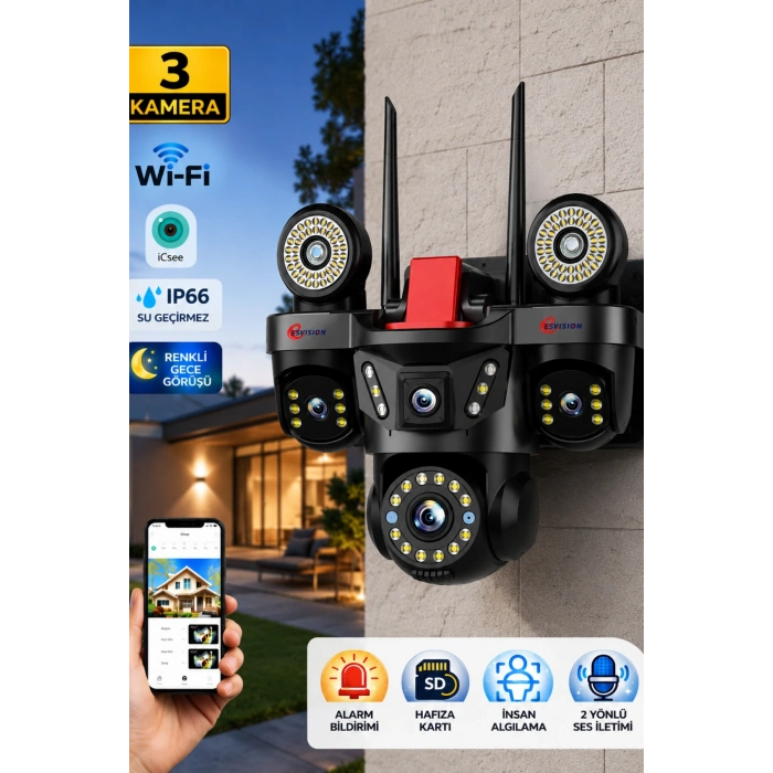 Esvision ES-9003 3 Lensli 9MP Akıllı WiFi Ptz Kamera Gece Görüşlü Güvenlik Kamerası