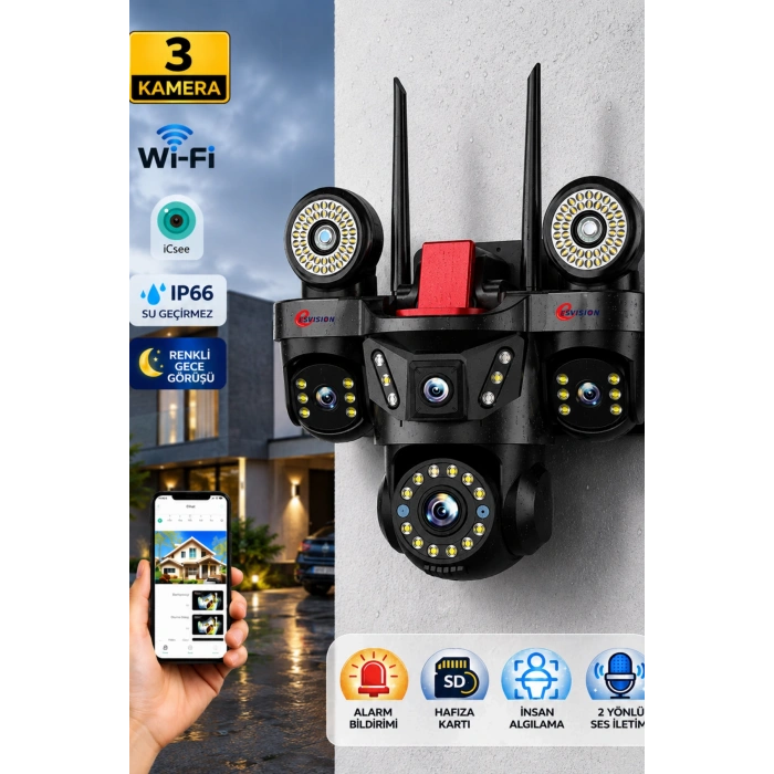 Esvision ES-9003 3 Lensli 9MP Akıllı WiFi Ptz Kamera Gece Görüşlü Güvenlik Kamerası