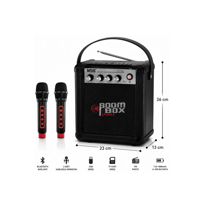 NSS NS-992MIC Boombox Pro Kablosuz Karaoke Hoparlör FM Radyo 2 Adet Mikrofon