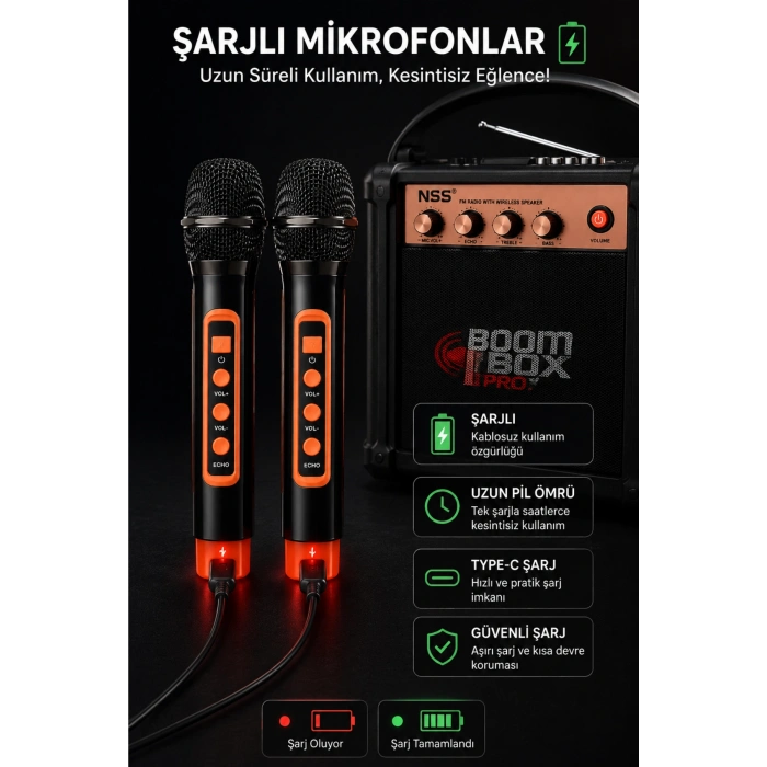 NSS NS-992MIC Boombox Pro Kablosuz Karaoke Hoparlör FM Radyo 2 Adet Mikrofon