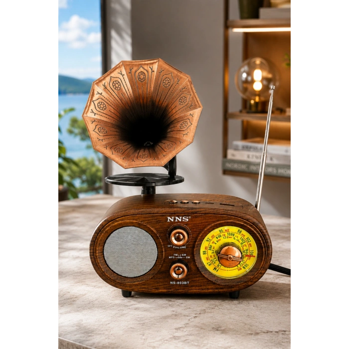 NNS NS-803BT Kahverengi Retro Radyo Bluetooth Hoparlör USB TF Kart Şarjlı Nostaljik Radyo