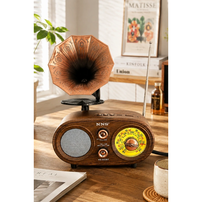 NNS NS-803BT Kahverengi Retro Radyo Bluetooth Hoparlör USB TF Kart Şarjlı Nostaljik Radyo