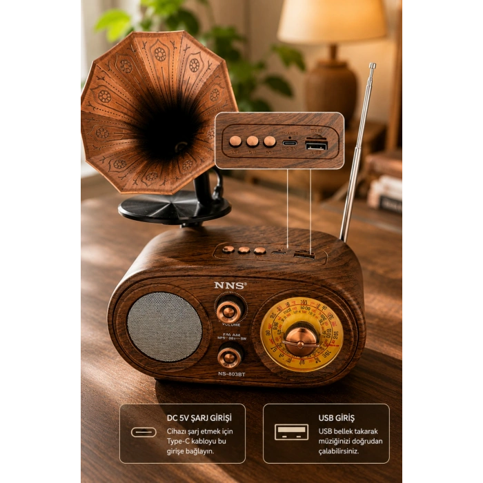 NNS NS-803BT Kahverengi Retro Radyo Bluetooth Hoparlör USB TF Kart Şarjlı Nostaljik Radyo
