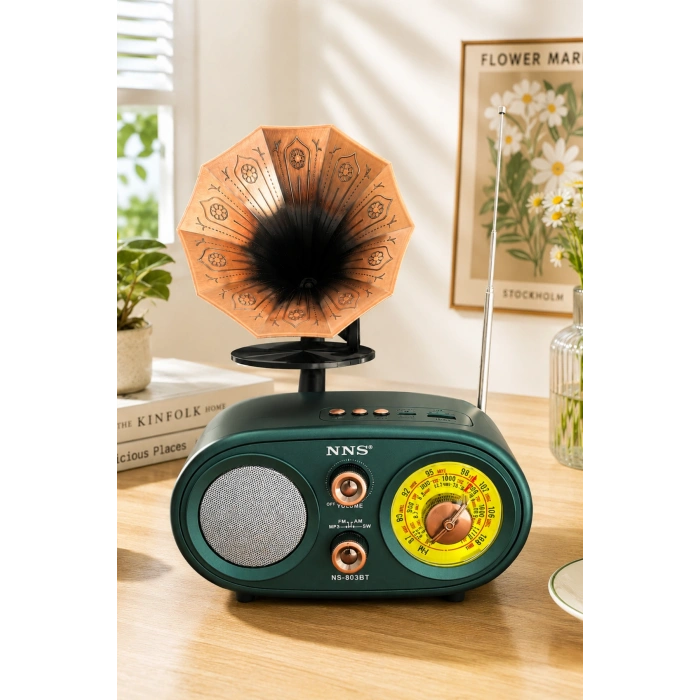 NNS NS-803BT Yeşil Retro Radyo Bluetooth Hoparlör USB TF Kart Şarjlı Nostaljik Radyo