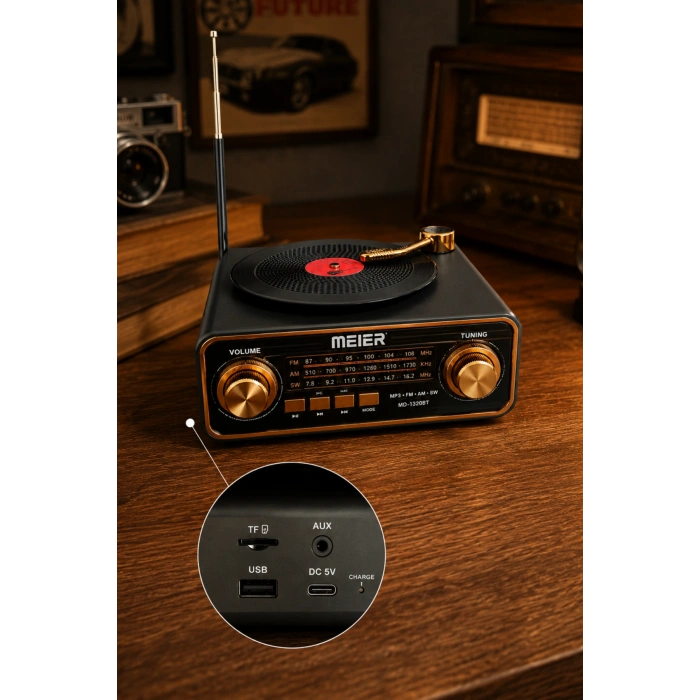 Meier MD-1320BT Siyah Nostaljik Görünümlü Bluetooth Hoparlör ve 3 Bantlı Şarjlı Radyo