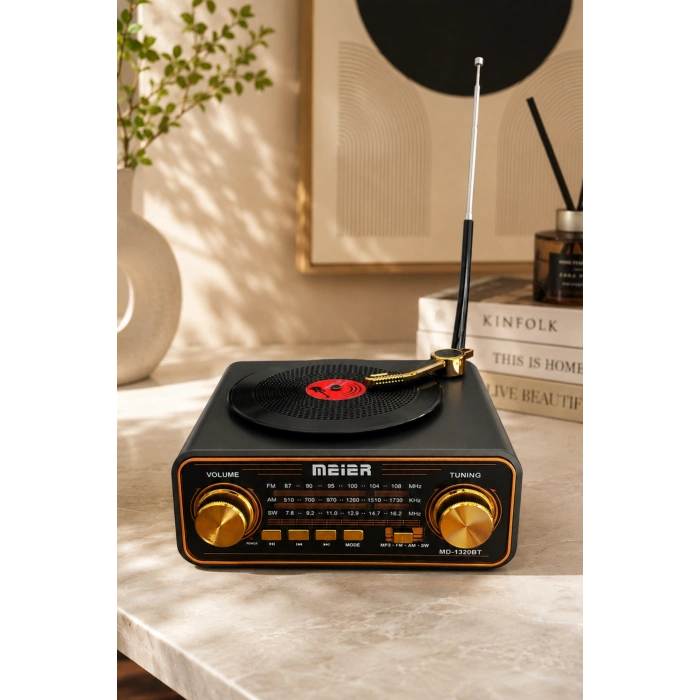 Meier MD-1320BT Siyah Nostaljik Görünümlü Bluetooth Hoparlör ve 3 Bantlı Şarjlı Radyo