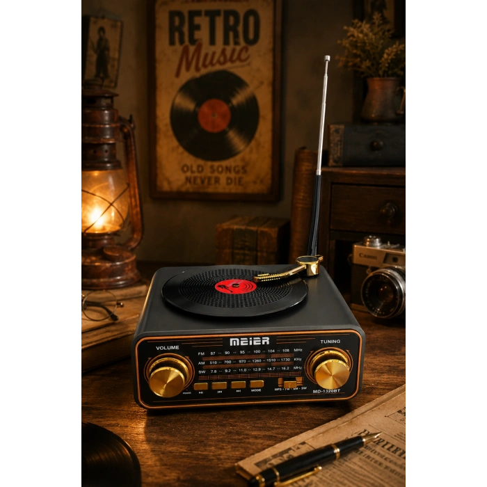 Meier MD-1320BT Siyah Nostaljik Görünümlü Bluetooth Hoparlör ve 3 Bantlı Şarjlı Radyo