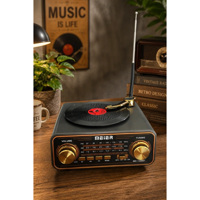 Meier MD-1320BT Siyah Nostaljik Görünümlü Bluetooth Hoparlör ve 3 Bantlı Şarjlı Radyo