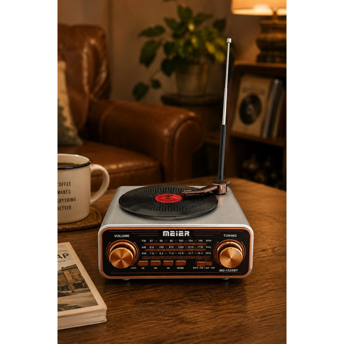Meier MD-1320BT Gri Nostaljik Görünümlü Bluetooth Hoparlör ve 3 Bantlı Şarjlı Radyo