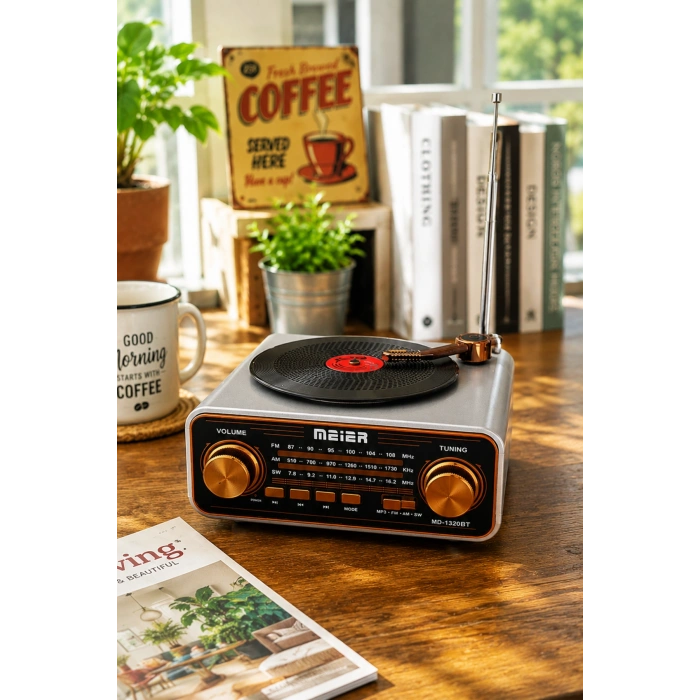 Meier MD-1320BT Gri Nostaljik Görünümlü Bluetooth Hoparlör ve 3 Bantlı Şarjlı Radyo