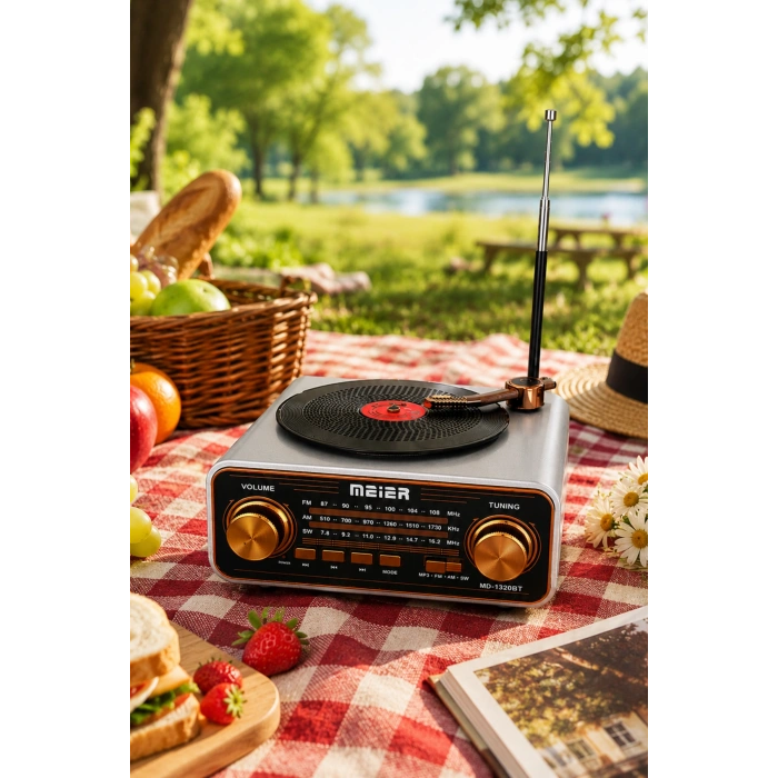 Meier MD-1320BT Gri Nostaljik Görünümlü Bluetooth Hoparlör ve 3 Bantlı Şarjlı Radyo