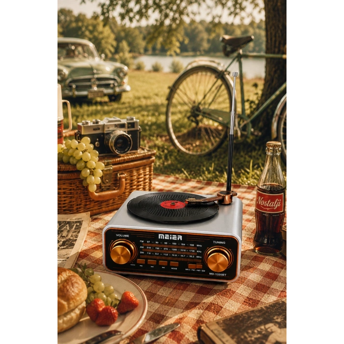 Meier MD-1320BT Gri Nostaljik Görünümlü Bluetooth Hoparlör ve 3 Bantlı Şarjlı Radyo