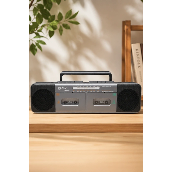 PuXing PX-888BT Gri Nostaljik Çift Kaset Çalar Radyo - Bluetooth, USB/SD, MP3 Çalar