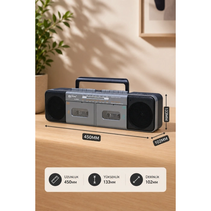 PuXing PX-888BT Gri Nostaljik Çift Kaset Çalar Radyo - Bluetooth, USB/SD, MP3 Çalar