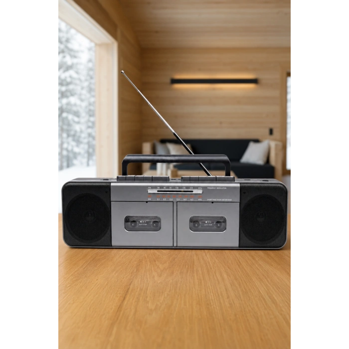 PuXing PX-888BT Gri Nostaljik Çift Kaset Çalar Radyo - Bluetooth, USB/SD, MP3 Çalar