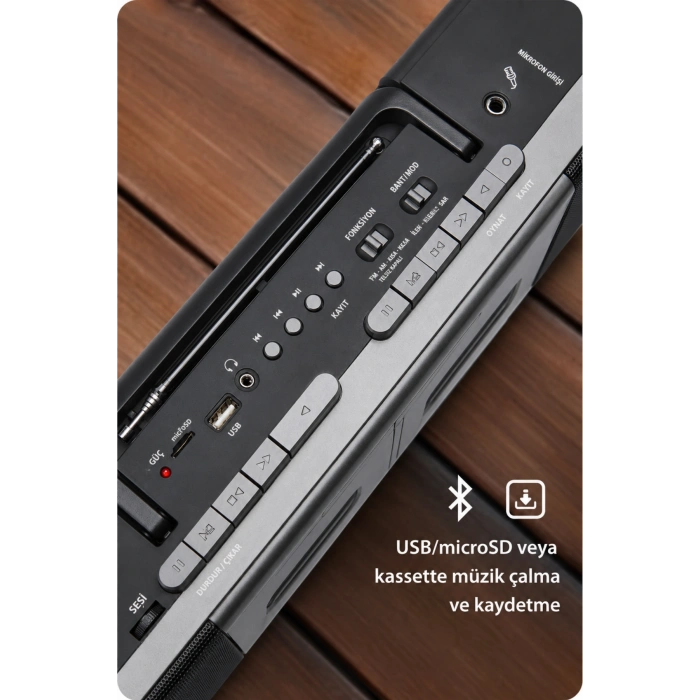 PuXing PX-888BT Gri Nostaljik Çift Kaset Çalar Radyo - Bluetooth, USB/SD, MP3 Çalar