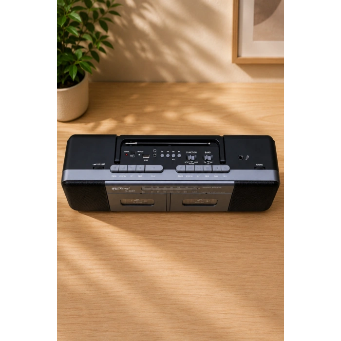 PuXing PX-888BT Gri Nostaljik Çift Kaset Çalar Radyo - Bluetooth, USB/SD, MP3 Çalar