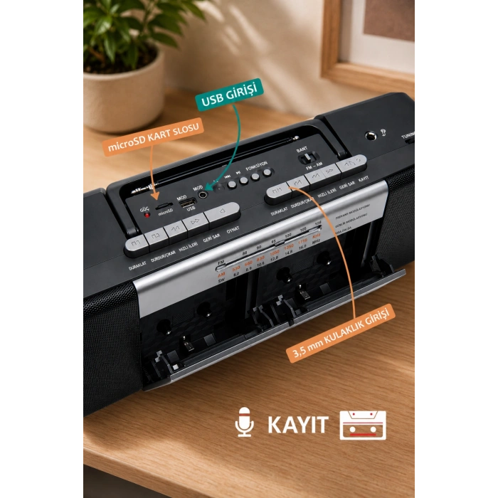 PuXing PX-888BT Gri Nostaljik Çift Kaset Çalar Radyo - Bluetooth, USB/SD, MP3 Çalar