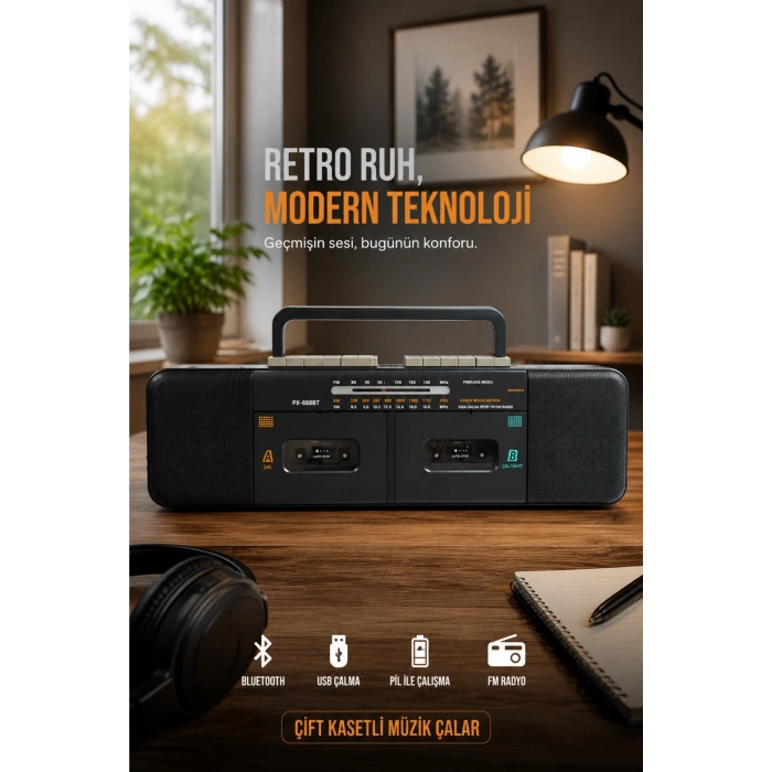 PuXing PX-888BT Siyah Nostaljik Çift Kaset Çalar Radyo - Bluetooth, USB/SD, MP3 Çalar