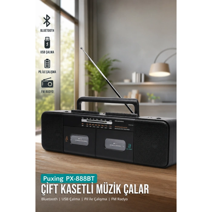 PuXing PX-888BT Siyah Nostaljik Çift Kaset Çalar Radyo - Bluetooth, USB/SD, MP3 Çalar