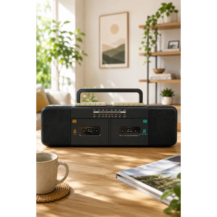 PuXing PX-888BT Siyah Nostaljik Çift Kaset Çalar Radyo - Bluetooth, USB/SD, MP3 Çalar