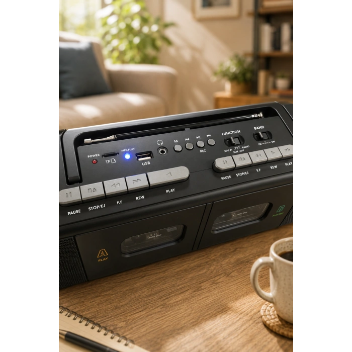 PuXing PX-888BT Siyah Nostaljik Çift Kaset Çalar Radyo - Bluetooth, USB/SD, MP3 Çalar