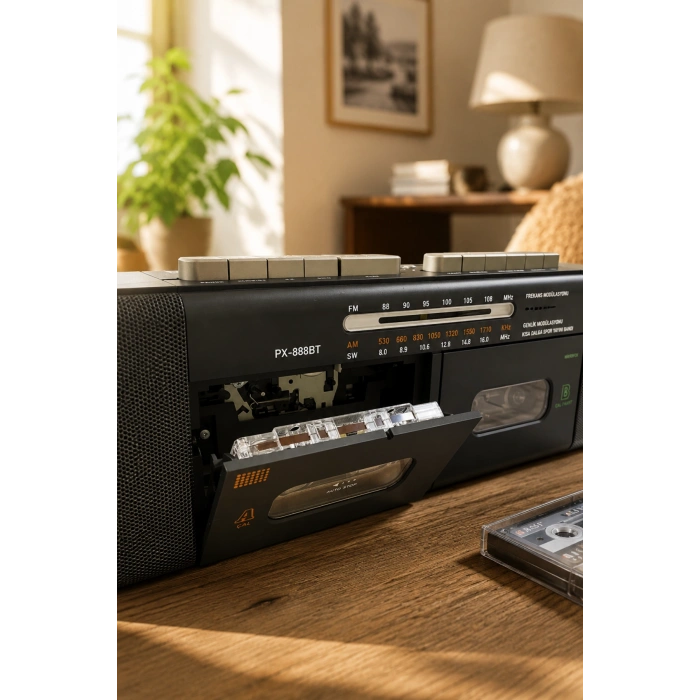 PuXing PX-888BT Siyah Nostaljik Çift Kaset Çalar Radyo - Bluetooth, USB/SD, MP3 Çalar