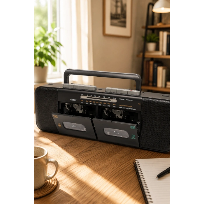 PuXing PX-888BT Siyah Nostaljik Çift Kaset Çalar Radyo - Bluetooth, USB/SD, MP3 Çalar