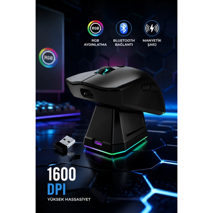Jedel WD157 1600 DPI Bluetooth + 2.4GHz Kablosuz Oyuncu Mouse Şarj Standı Seti