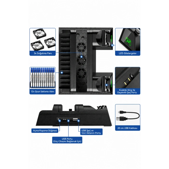 Hepu TP4-882C PS4 3 Soğutma Fanlı Stand Şarj İstasyonu For P-4/Slim/Pro